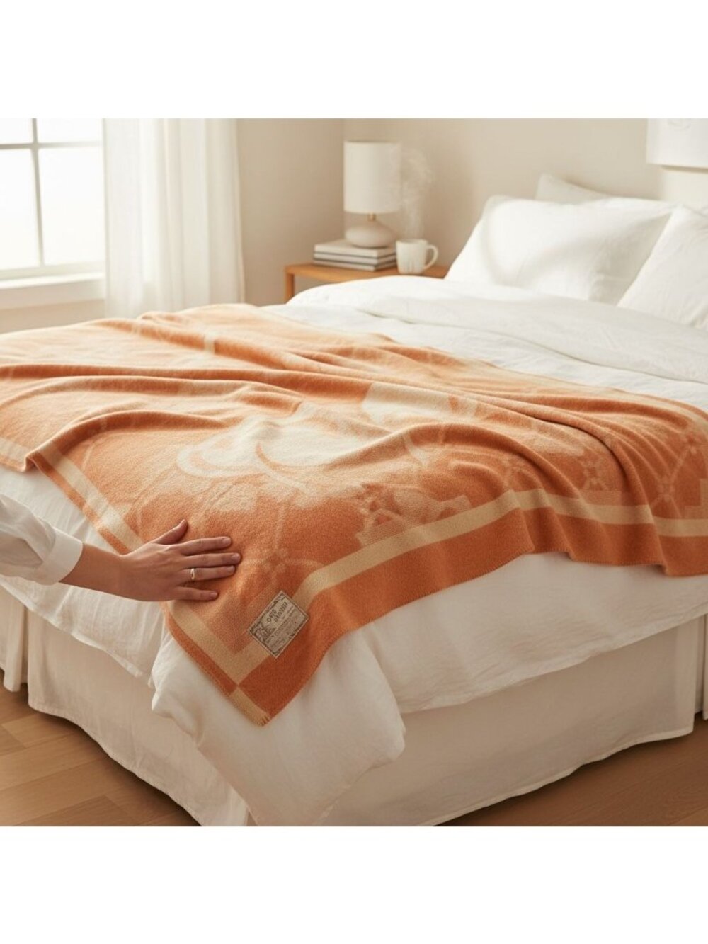 Vintage Orr Health Orange & Cream Wool Blanket With Floral Design Large Size